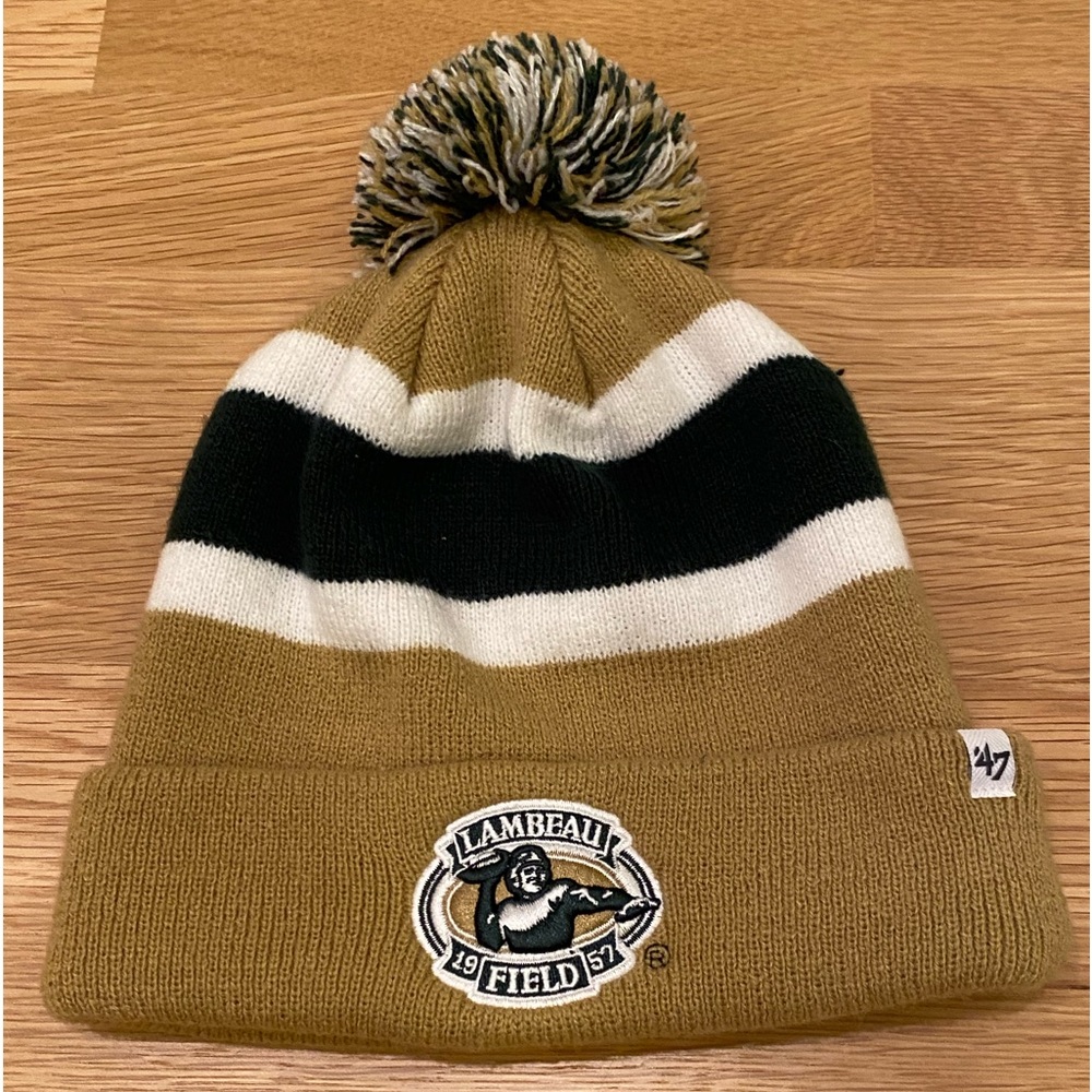 Lambeau Field Tan Knit Hat w Black Stripe  w Pom Pom /Made by 47 / One Size